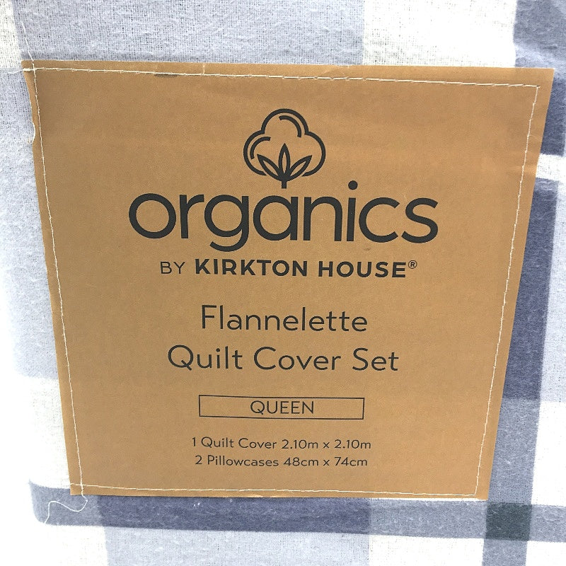 Organics by Kirkton House Flannelette Blue Check Soft Quilt Cover Set QUEEN NEW
