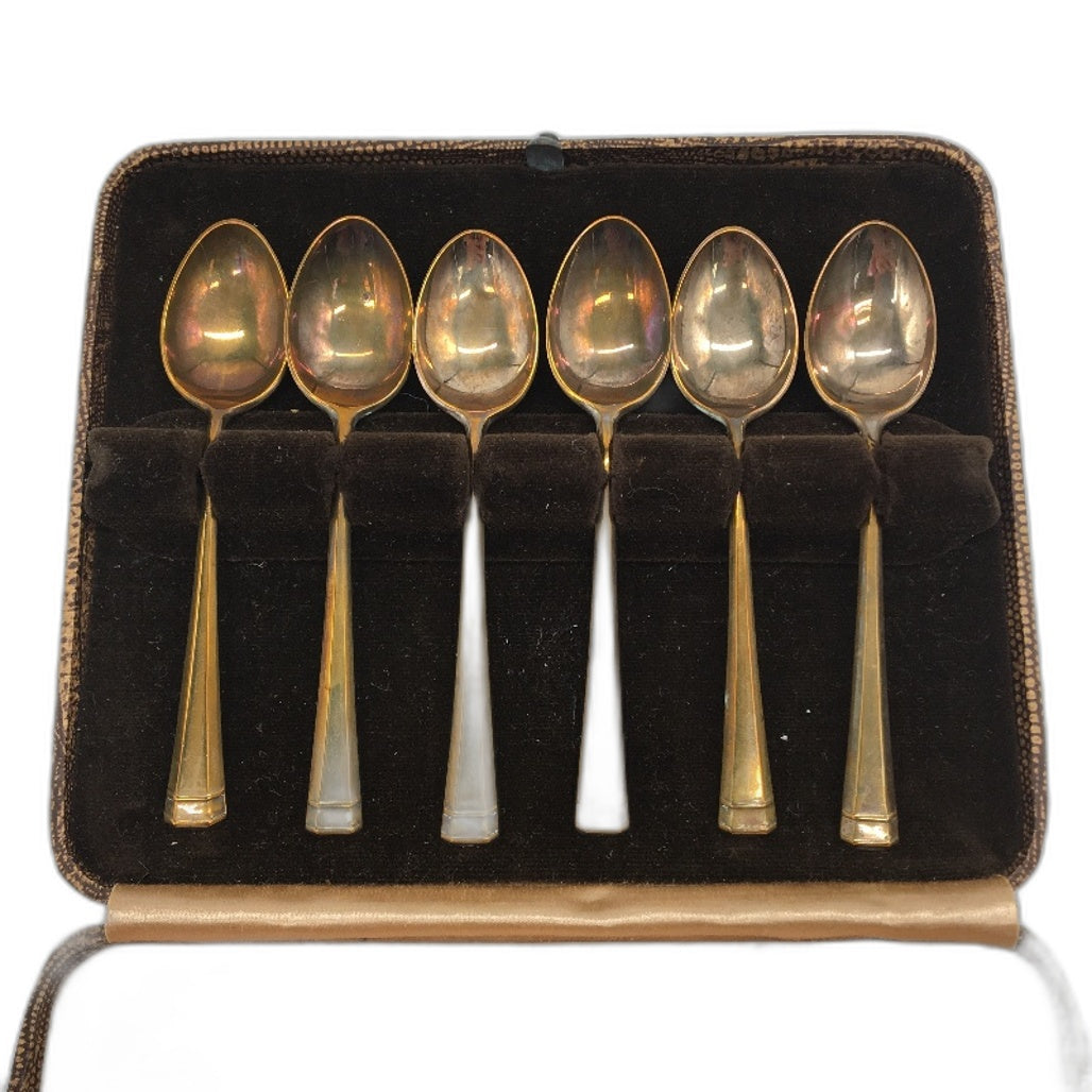 VINTAGE Apex 6 Piece Brass Coloured Metal Tea Spoon Set In Original Box