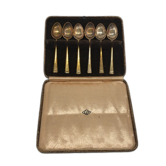 VINTAGE Apex 6 Piece Brass Coloured Metal Tea Spoon Set In Original Box