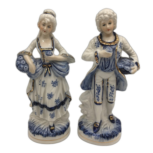 VINTAGE Collectable Blue White Ceramic Victorian Era Style Man & Lady Figurines