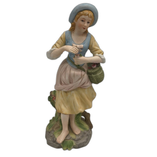 VINTAGE Collectable 31cm Lady In Hat With Flowers & Basket Porcelain Figurine