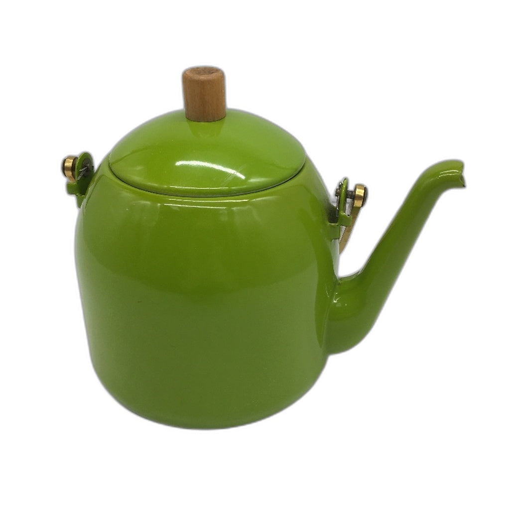 VINTAGE Lime Green Enamel Tea Water Kettle With Gold Colour Handle
