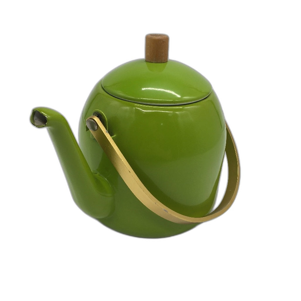 VINTAGE Lime Green Enamel Tea Water Kettle With Gold Colour Handle