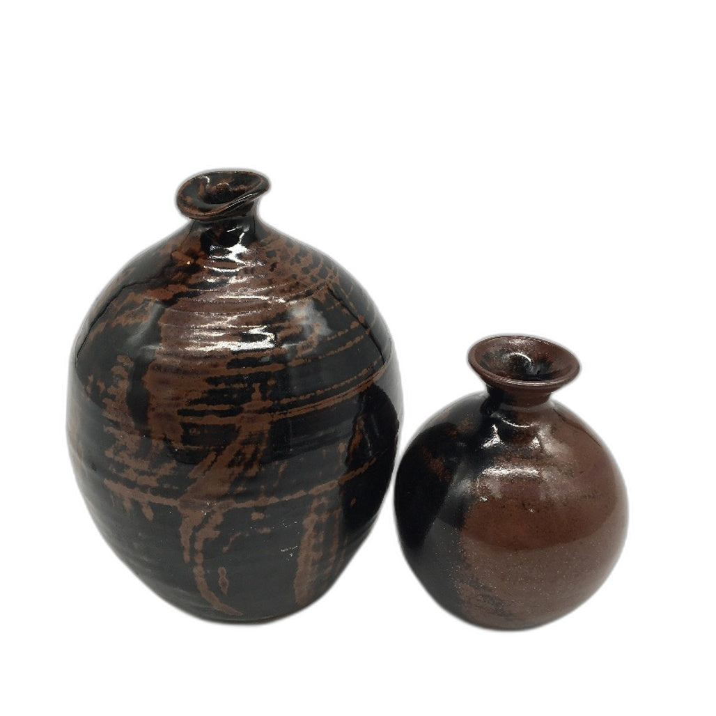 VINTAGE Non Matching Artisan Handcrafted Stoneware Pottery Brown Glazed Vases