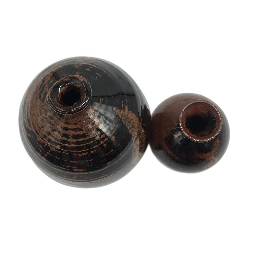 VINTAGE Non Matching Artisan Handcrafted Stoneware Pottery Brown Glazed Vases