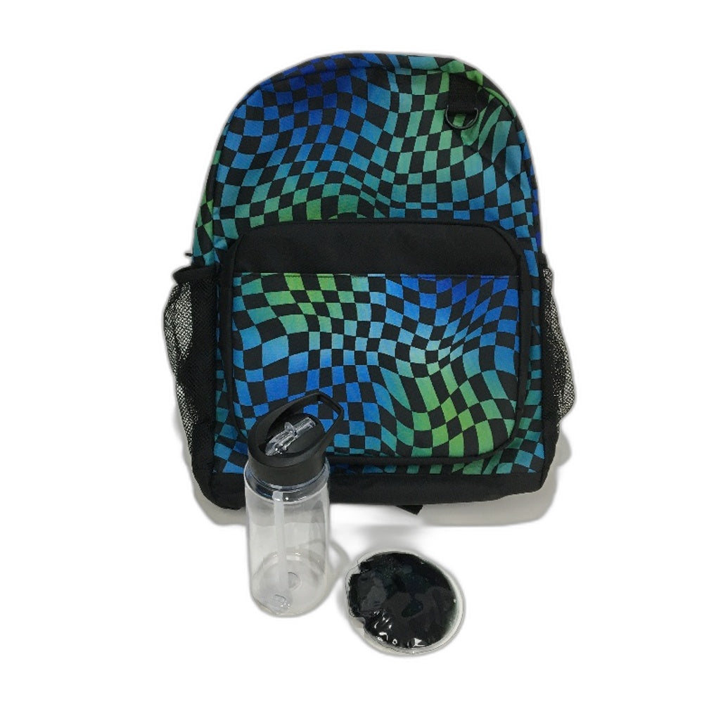 Travelway Black Green Check Multi Compartment Backpack & Drink Bottle Set NEW