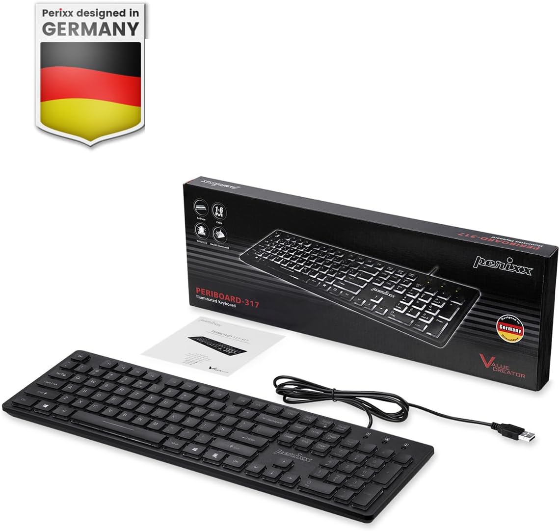 Perixx Periboard-317 USB Wired Full Sized Membrane Backlit Keyboard NEW