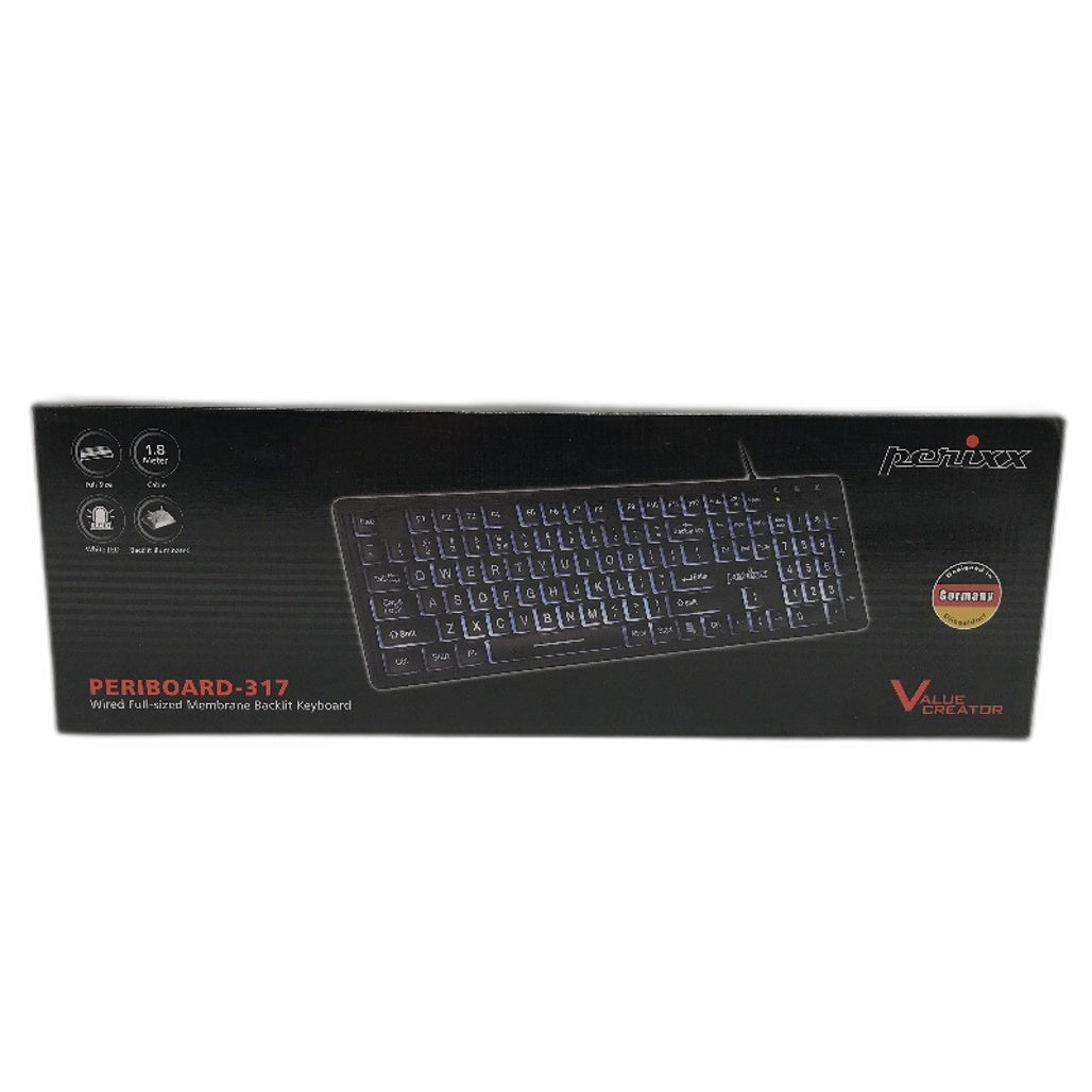 Perixx Periboard-317 USB Wired Full Sized Membrane Backlit Keyboard NEW