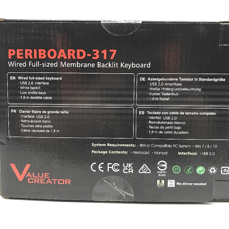 Perixx Periboard-317 USB Wired Full Sized Membrane Backlit Keyboard NEW