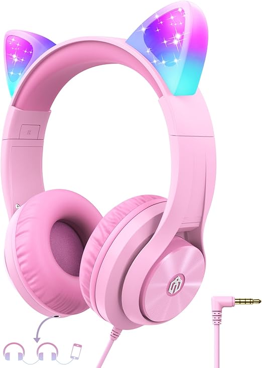 iClever Meow Donut Pink Cat Ear Kids 85dBA Over Ear Wired Headphones NEW