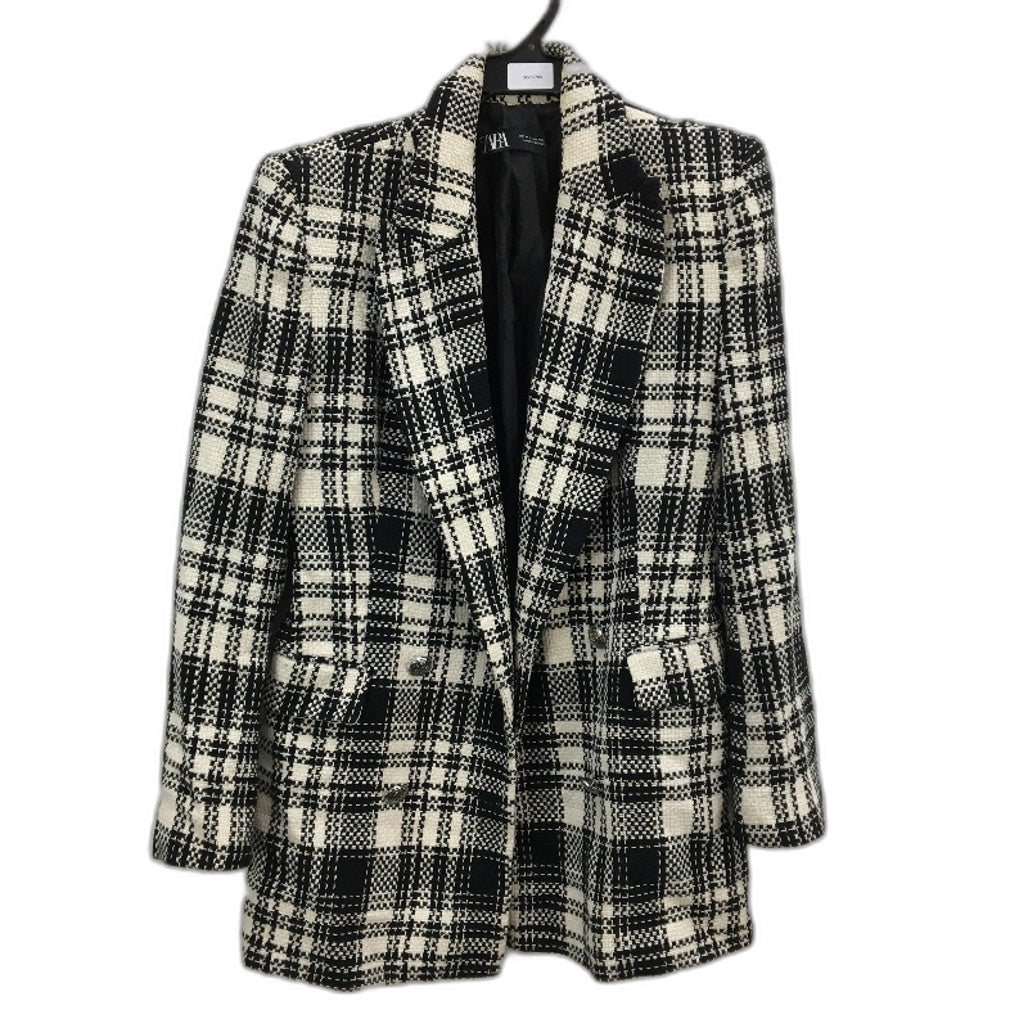 Zara Black & White Knit Weave Cotton Blend Double Breasted Jacket Ladies Size M