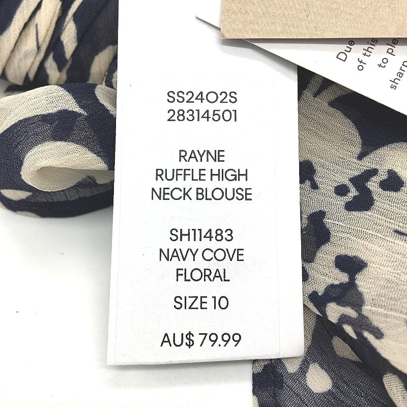 Forever New Navy Rayne Ruffle High Neck Blouse Summer Top Ladies Size 10 NEW