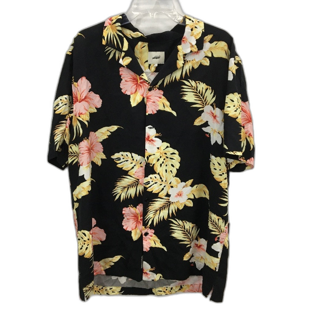 Arvust Viscose Black Hibiscus Flower Short Sleeve Resort Shirt Mens Size L NEW