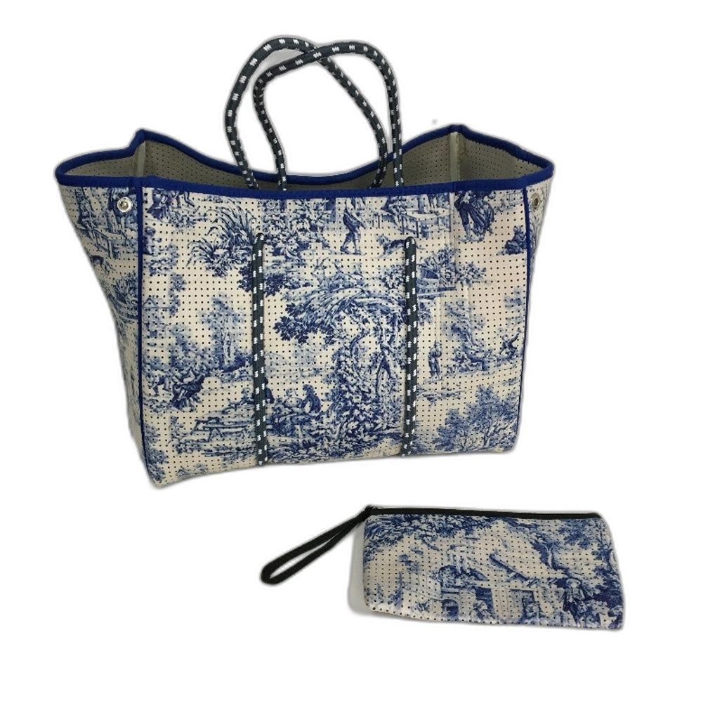 Parfait Ce Cabas Neoprene Blue Beach Tote Bag & Matching Make Up Purse NEW