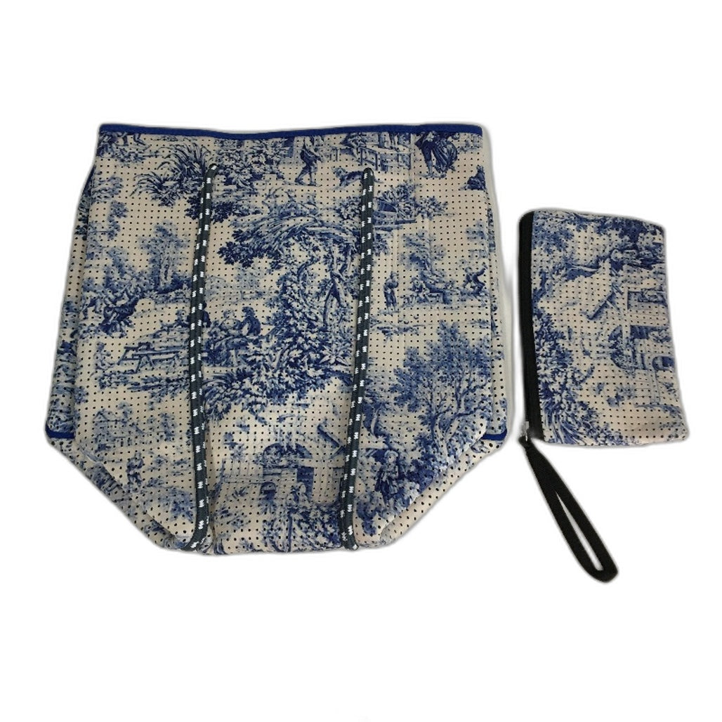 Parfait Ce Cabas Neoprene Blue Beach Tote Bag & Matching Make Up Purse NEW