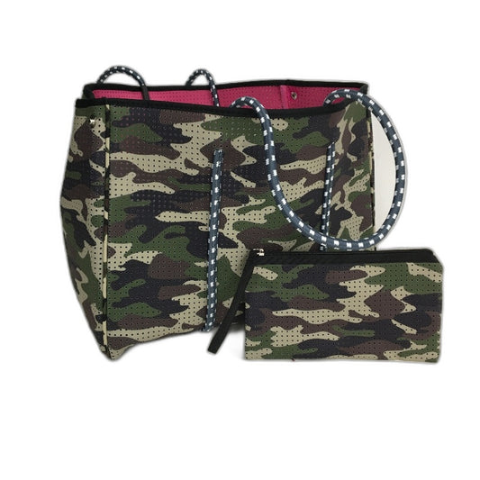 Parfait Ce Cabas Neoprene Camo Beach Tote Bag & Matching Make Up Purse NEW