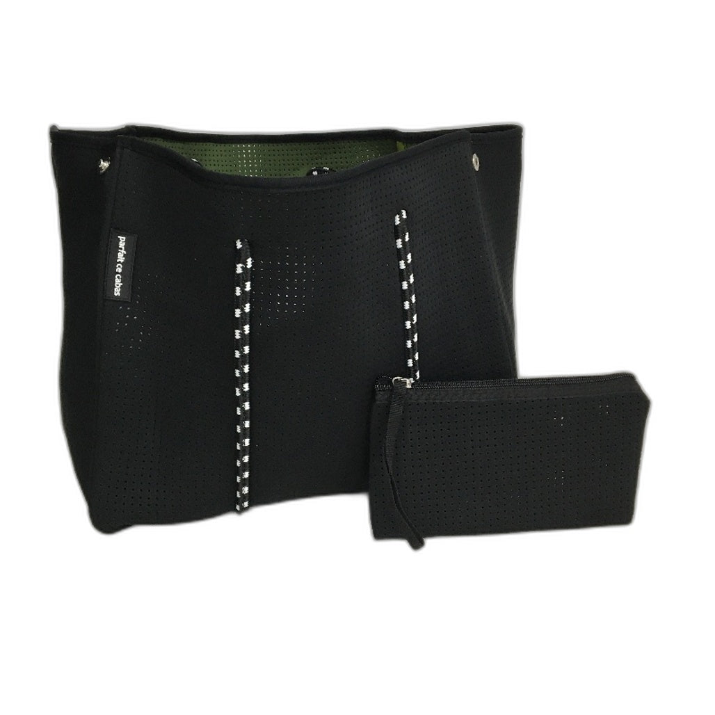 Parfait Ce Cabas Neoprene Black Beach Tote Bag & Matching Make Up Purse NEW