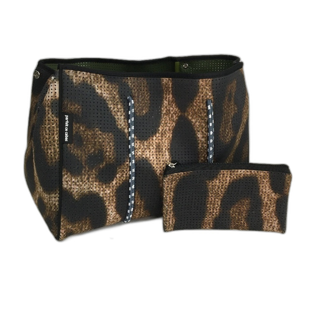 Parfait Ce Cabas Neoprene Brown Beach Tote Bag & Matching Make Up Purse NEW