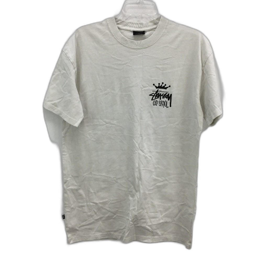Stussy Large Print Old Skool Beige Crew Neck Classic T-Shirt Mens Size S NEW