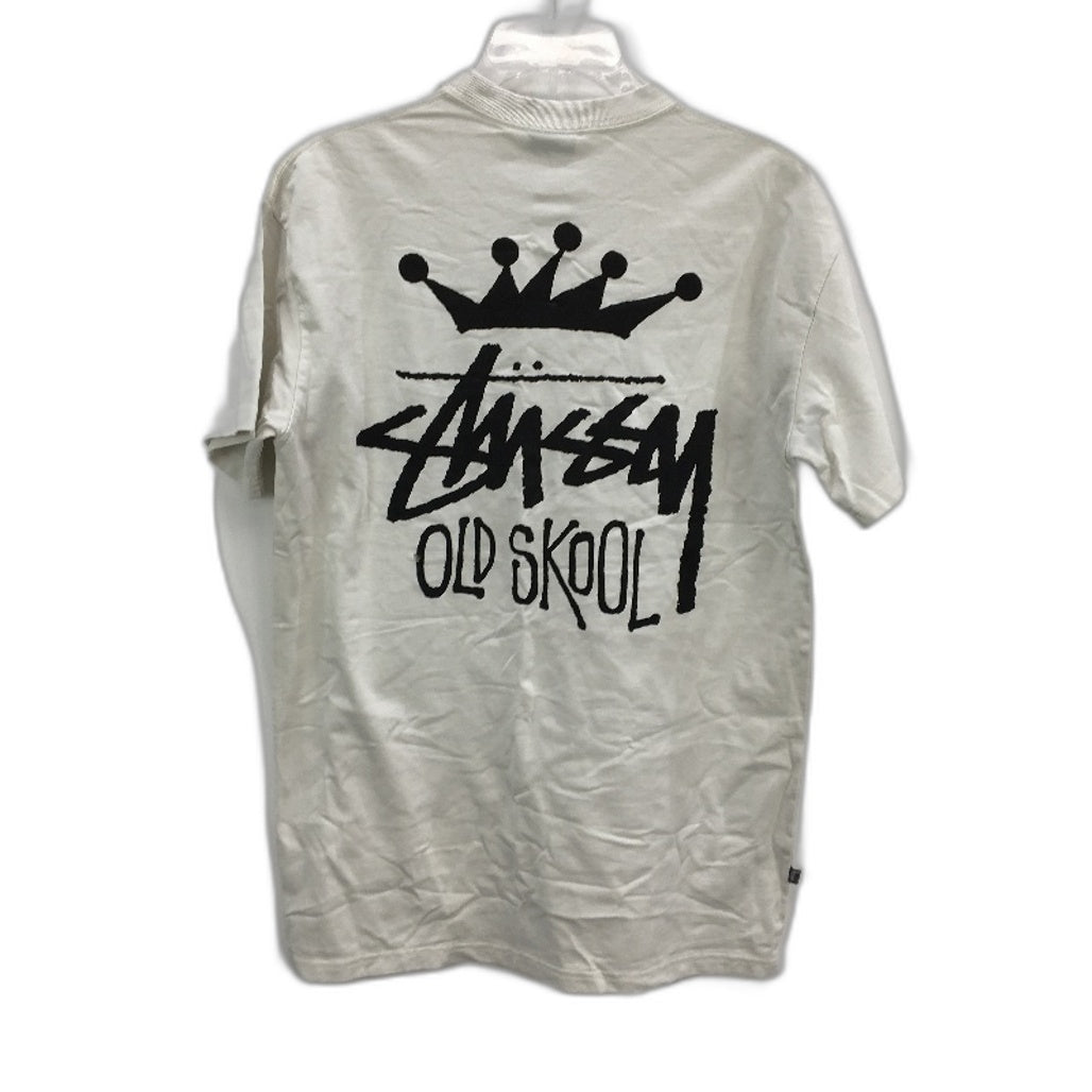Stussy Large Print Old Skool Beige Crew Neck Classic T-Shirt Mens Size S NEW