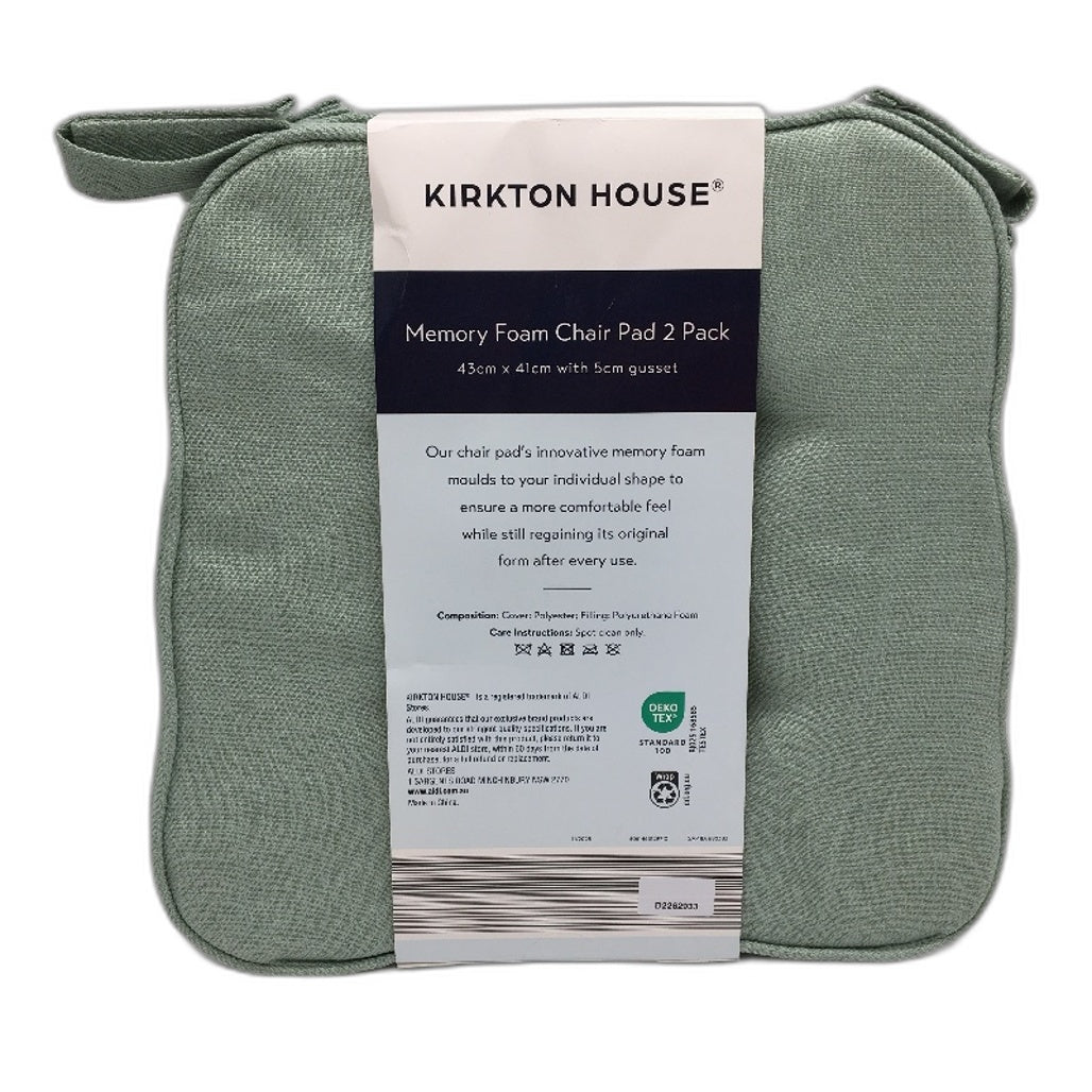 Kirkton House 2Pk Indoor Memory Foam Mint Green Chair Pad 43x 41cm NEW