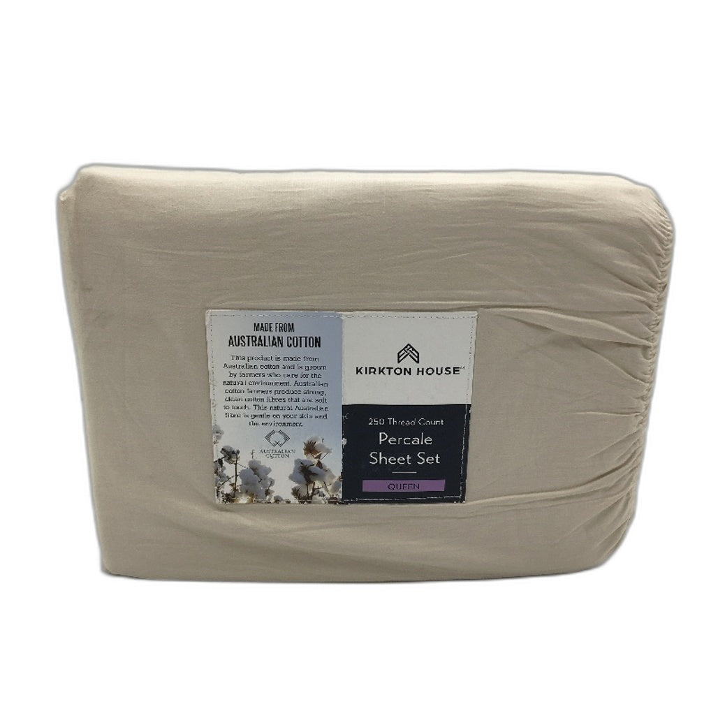 Kirkton House Beige 250 Thread Count Cotton Percale Sheet Set QUEEN Size NEW