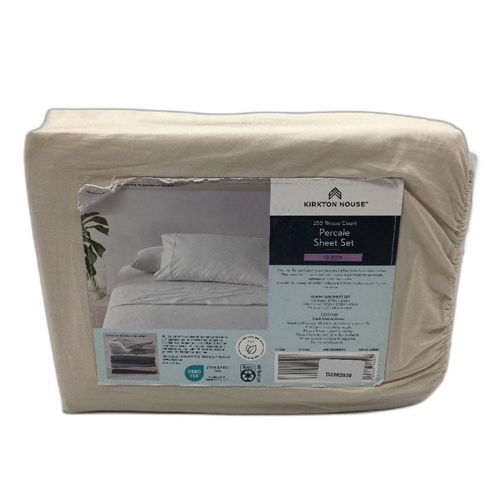 Kirkton House Beige 250 Thread Count Cotton Percale Sheet Set QUEEN Size NEW