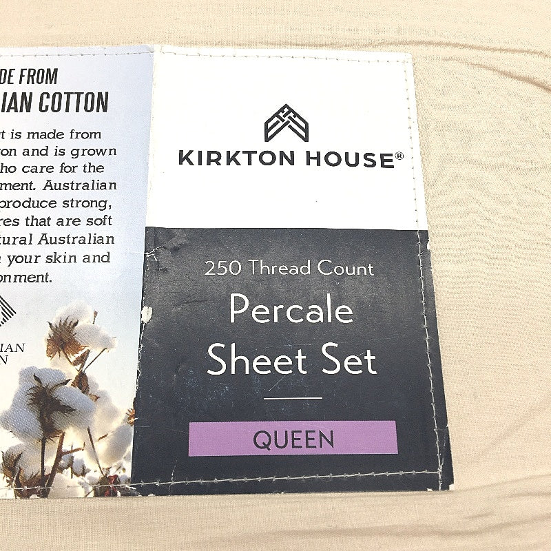 Kirkton House Beige 250 Thread Count Cotton Percale Sheet Set QUEEN Size NEW