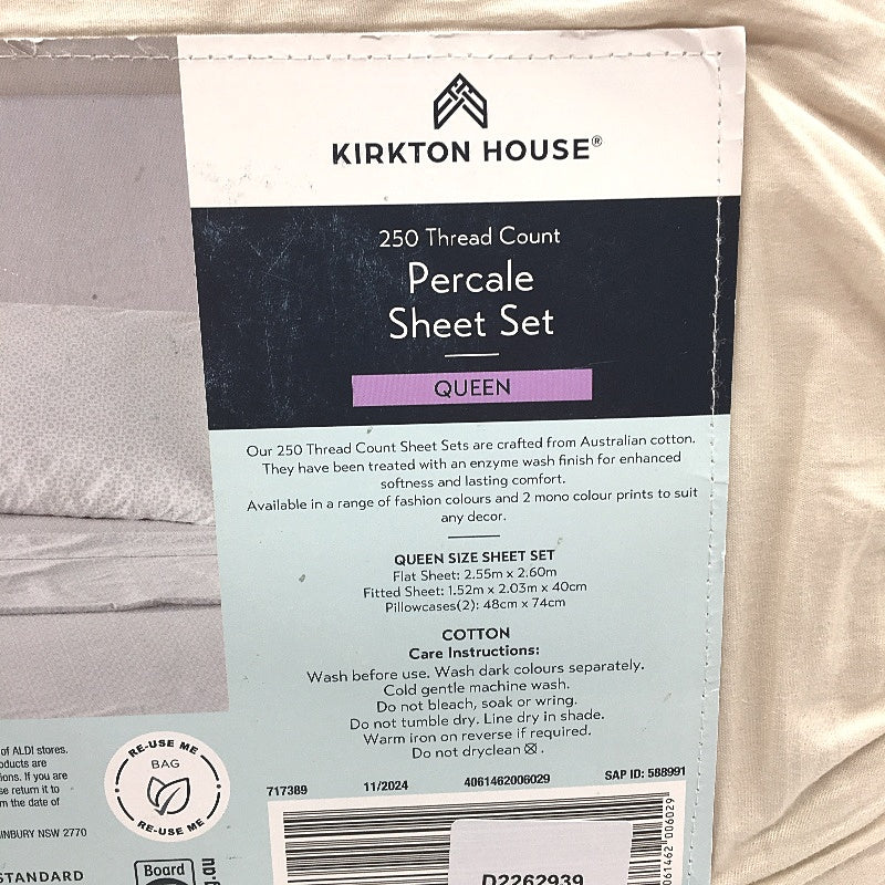 Kirkton House Beige 250 Thread Count Cotton Percale Sheet Set QUEEN Size NEW