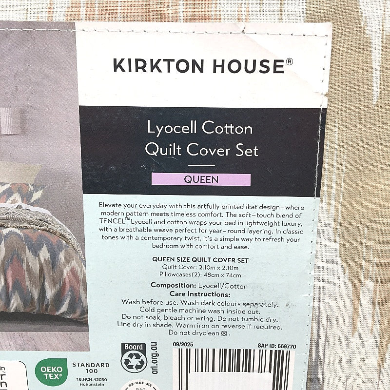 Kirkton House Lyocell Cotton Neutral Toned Pattern Quilt Cover Set QUEEN Bed NEW