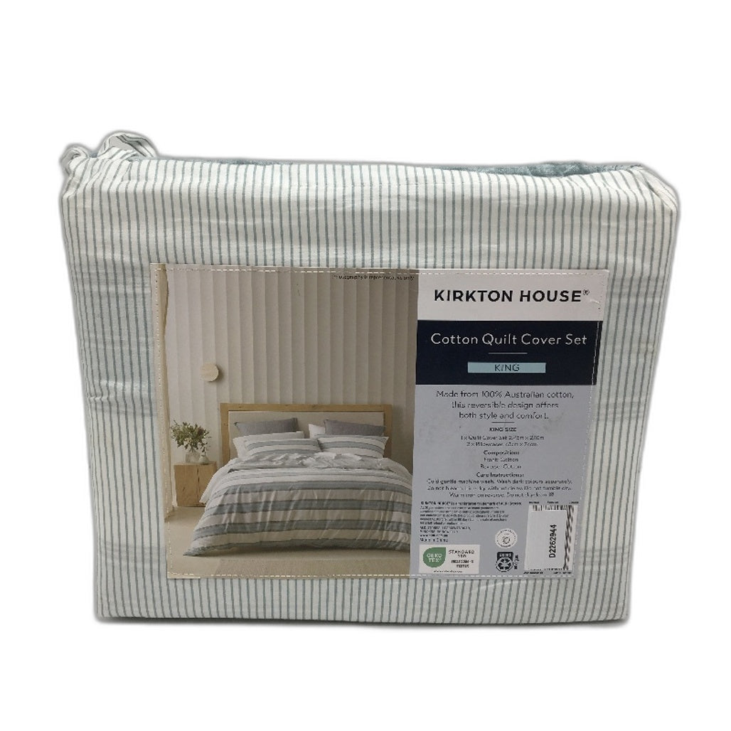 Kirkton House Hampton Blue Stripe Cotton Quilt Cover Set KING Size NEW