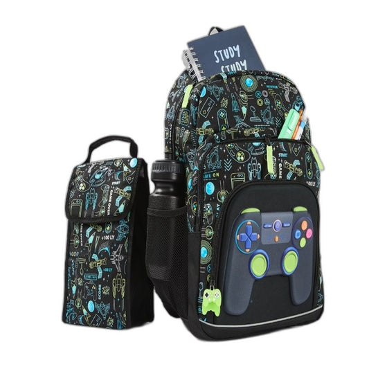 Black Gaming Console Themed Print 3 Piece Gamer Backpack & Lunch Bag Set NEW