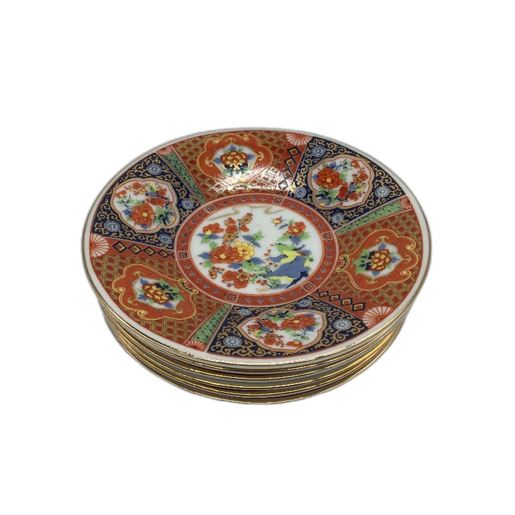 COLLECTABLE 6 Piece Mini 11cm Red Blue & Gold Floral Made In Japan Saucer Plates