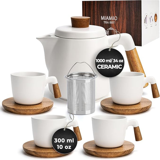 MIAMIO 1L Ceramic Tea Pot Set With Infuser & 4 x 300ML Mugs Wood Saucer NEW