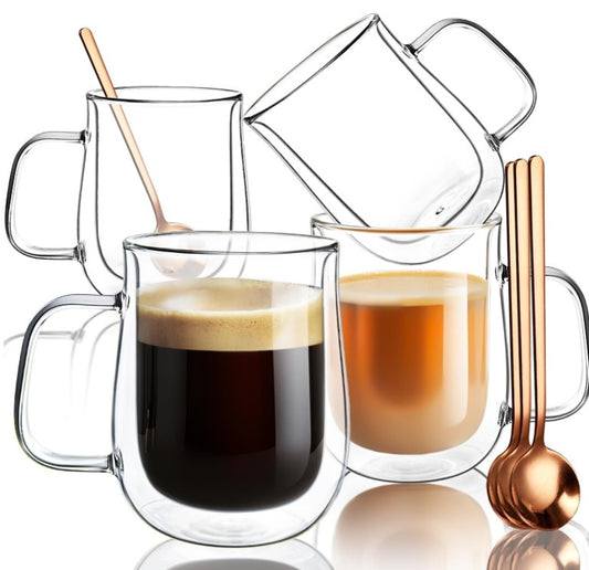 Comome 4 Pcs 470ml Double Walled Glass Coffee Mugs Tea Cup Set With Handles