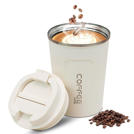Stainless Steel Cream White Coffee Cup Insulated Travel Mug Leak Proof Lid