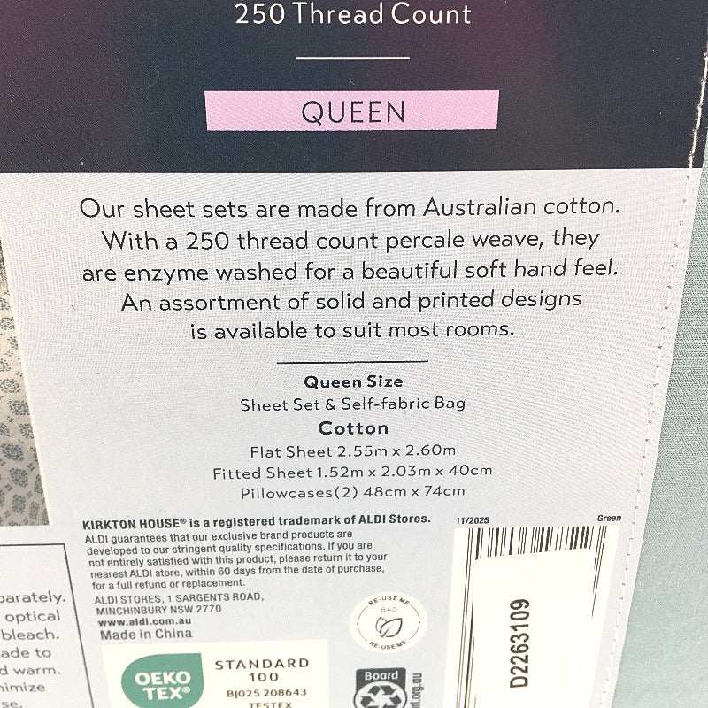 Kirkton House Sage Green 250 TC Australian Cotton Sheet Set QUEEN Size NEW