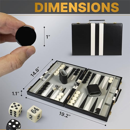 Queensell Backgammon Black Leather Game Set Travel Case Folding Board