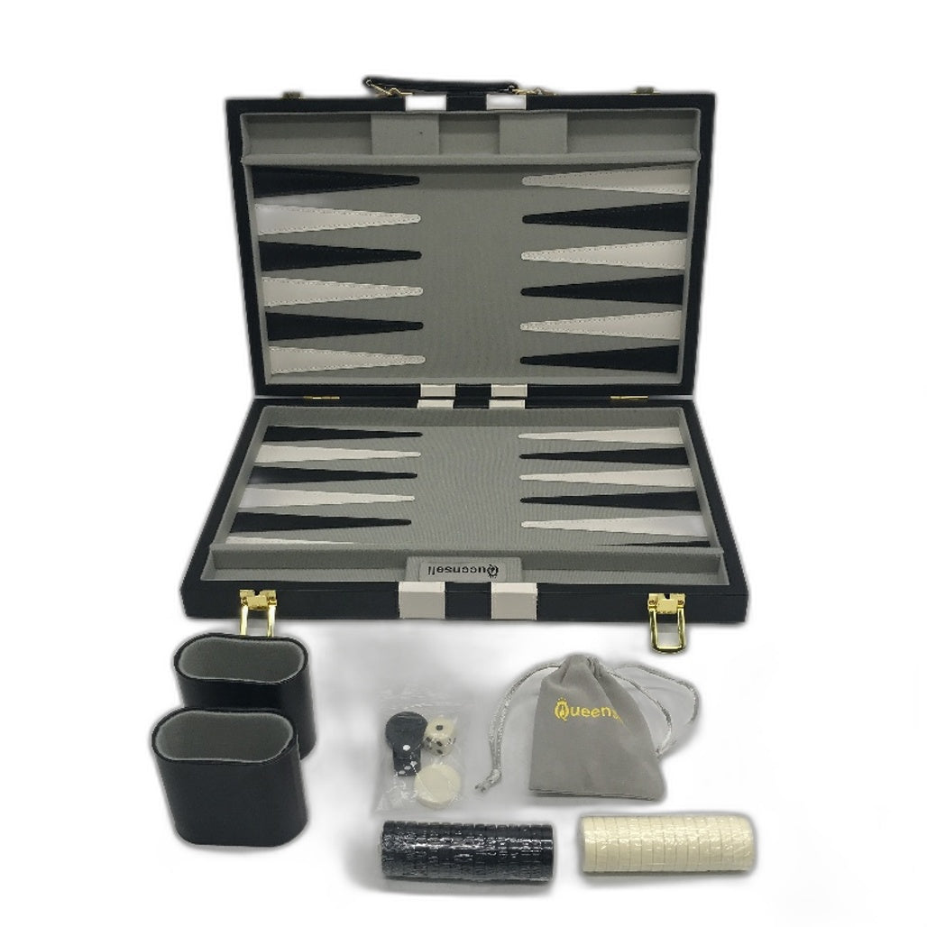 Queensell Backgammon Black Leather Game Set Travel Case Folding Board