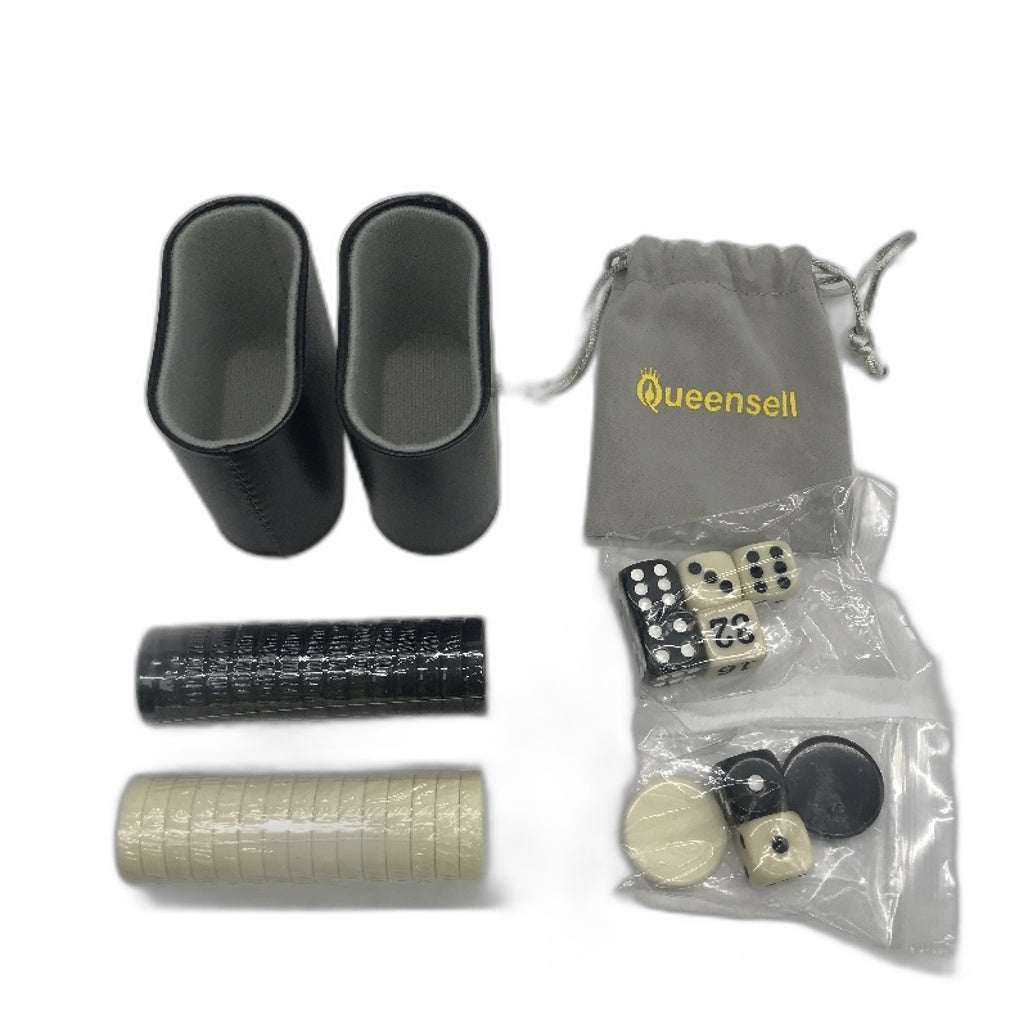 Queensell Backgammon Black Leather Game Set Travel Case Folding Board