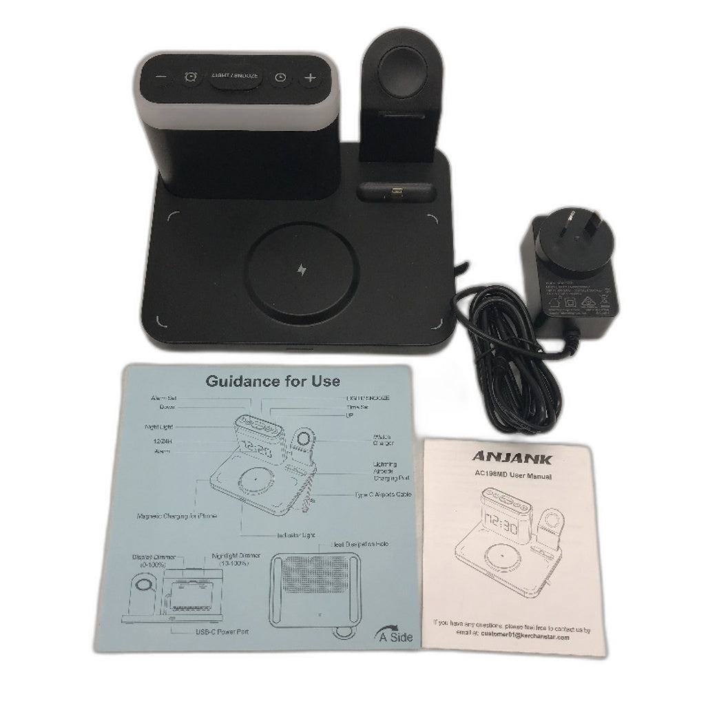 Anjank 5 In 1 Wireless Charging Station With Alarm Clock Night Light NEW