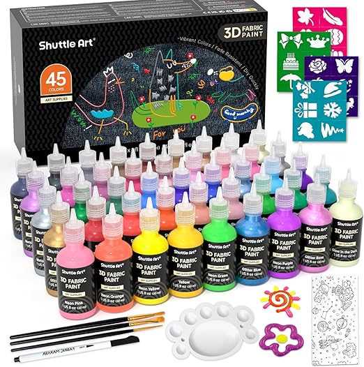 Shuttle Art 3D Fabric Paint 45 Colours x 30ML DIY Set For Tshirt Jeans Glass NEW