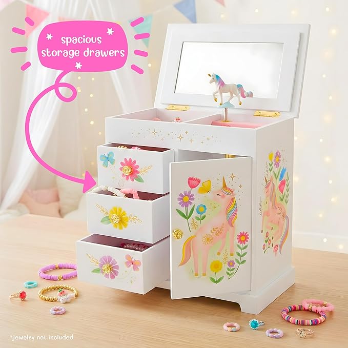 Giggle & Honey Unicorn Musical Jewellery Organiser Box With Mirror Drawers NEW