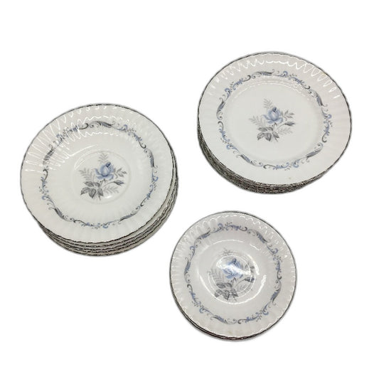 VINTAGE 14 Piece Paragon Fine Bone China Blue Morning Rose Small Plate Set