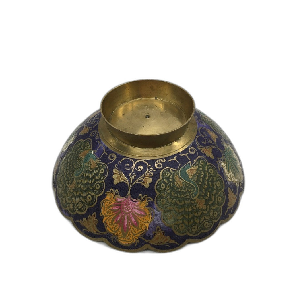 UNIQUE Hand Crafted Metal Made In India Blue Enamel Peacock Motifs Trinket Dish