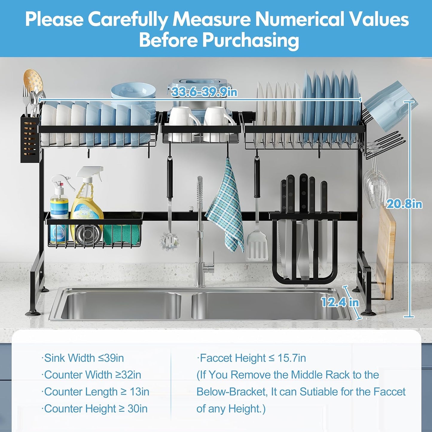 PUSDON 2 Tier 26-38 Inch Stainless Steel Over Sink Dish Drying Rack in Black NEW