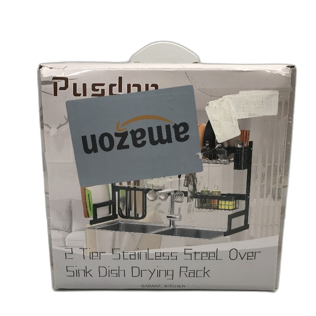 PUSDON 2 Tier 26-38 Inch Stainless Steel Over Sink Dish Drying Rack in Black NEW