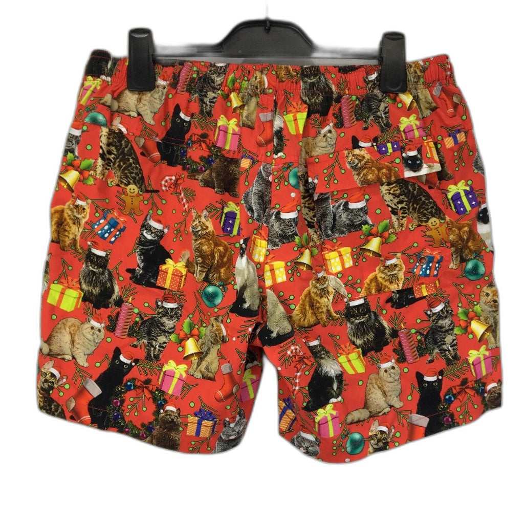 Kenji Red Christmas Cat Design Drawstring Shorts Mens Size Medium NEW