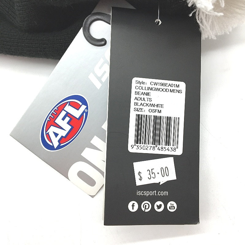 Collingwood AFL On Field Black & White Knit Style PomPom Beanie OSFM NEW