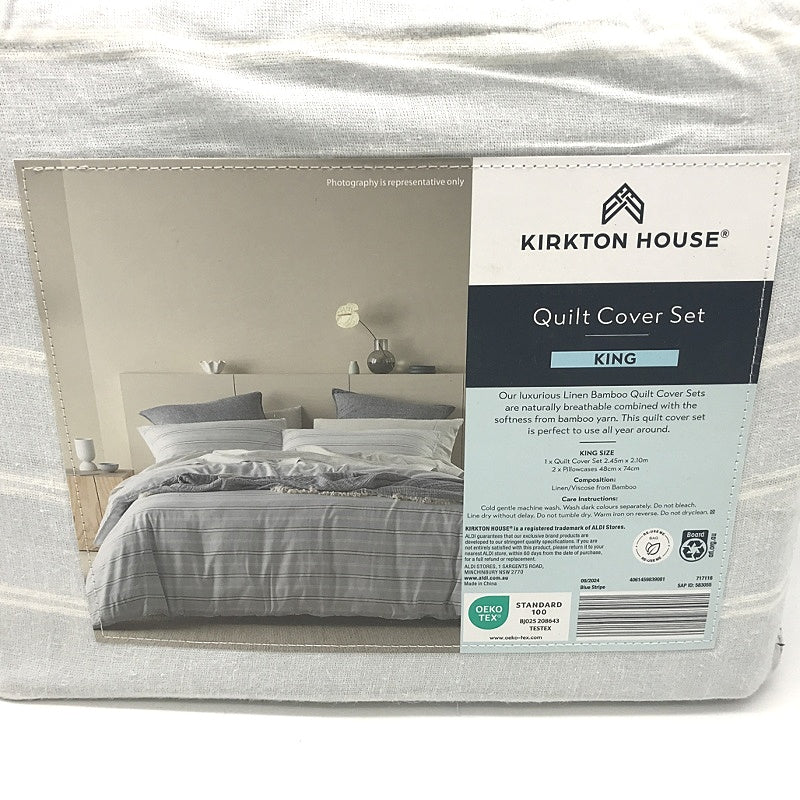 Kirkton House Blue Stripe Bamboo Linen Quilt Cover Set KING NEW